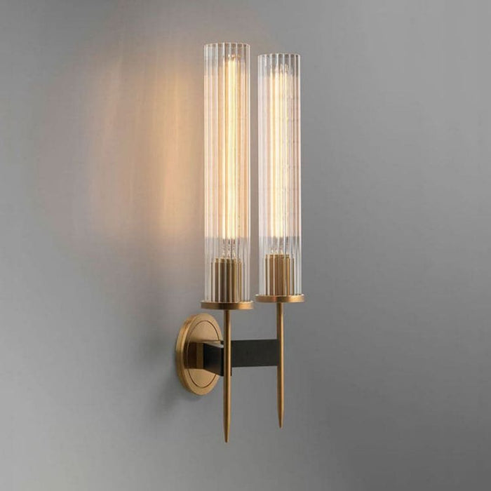 Double Crystal Shade Candlestick Wall Sconce, Brass