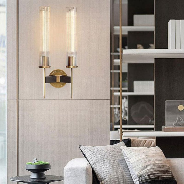 Double Crystal Shade Candlestick Wall Sconce, Brass