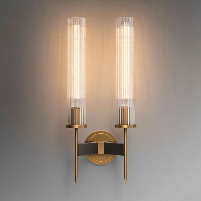 Double Crystal Shade Candlestick Wall Sconce, Brass